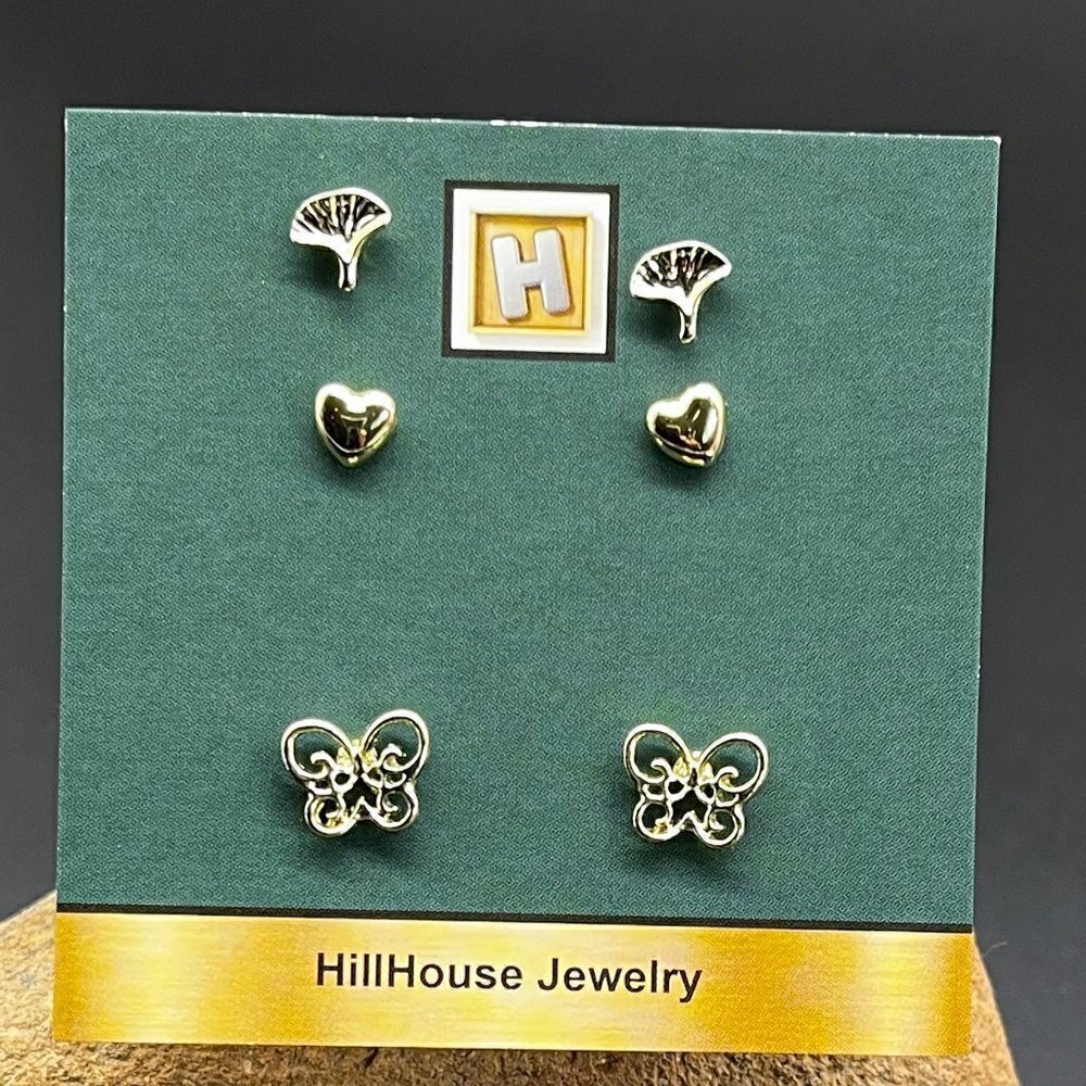 Gold Stud Earrings Set of 3 | Butterfly Heart Ginkgo - Picture 5 of 5